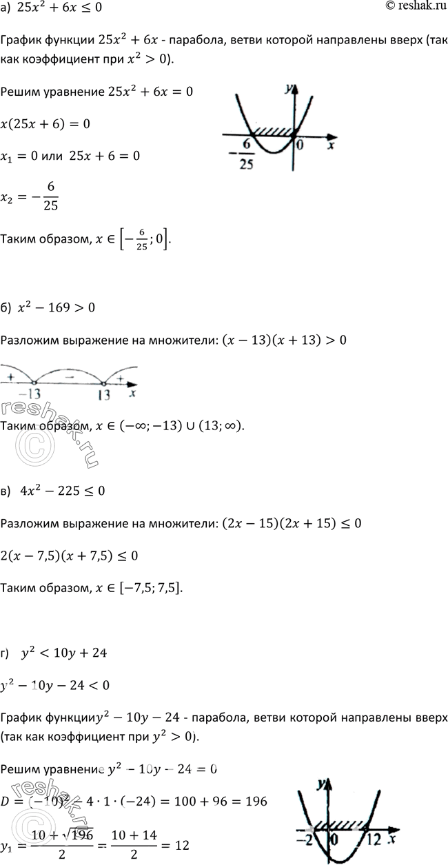 Изображение 412. Решите неравенство:а) 25х2 + 6х  0;в) 4х2 - 225  22у + 7;е) 3у2 - 7 < 26у +...
