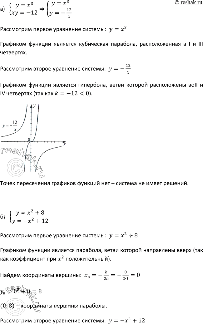 Изображение 21. Изобразив схематически графики уравнений, выясните, имеет ли решения система уравнений и если имеет, то сколько:а) системаy=x3,xy=-12;б)...