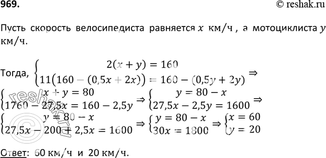 Изображение 969. Расстояние между пунктами А и В равно 160 км. Из А в Б выехал велосипедист, и в то же время из Б в А выехал мотоциклист. Их встреча произошла через 2 ч, а через 30...
