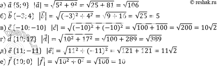 Изображение Найдите длины векторов: а) а {5; 9}; б) b {-3; 4}; в) с {-10; -10}; г) d {10; 17}; д) е {11; -11}; е) f {10;...