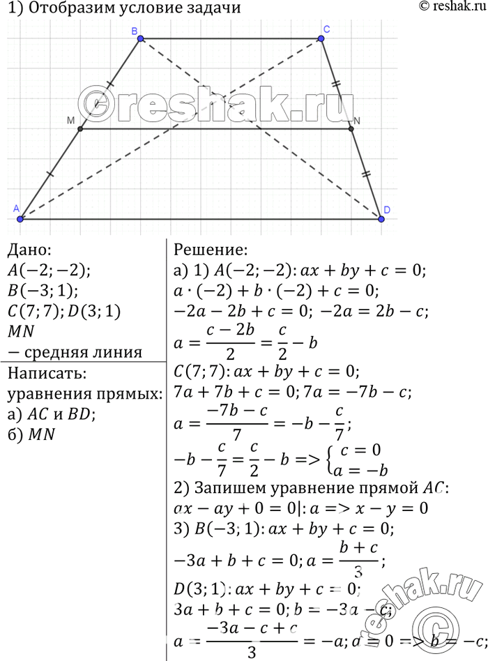Изображение Даны координаты вершин трапеции ABCD: А (-2; -2), В(-3;1), С (7; 7) и D(3; 1). Напишите уравнения прямых, содержащих: а) диагонали АС и BD трапеции; б) среднюю линию...
