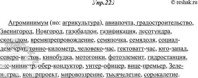 Изображение 223. Укажите, из каких частей состоят данные сложные существительные. Спишите. Подчеркните первую часть сложных существительных одной чертой, а вторую —...